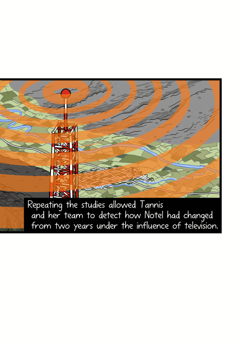 High angle close-up of broadcasting tower above a town, sending out signals. Repeating the studies allowed Tannis and team to detect how Notel had changed from two years under the influence of television.