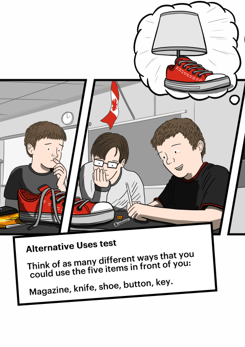 Cartoon boys sitting in a classroom, thinking about a problem. Alternate Uses test. Think of as many different ways that you could use the five items in front of you: magazine, knife, shoe, button, key.