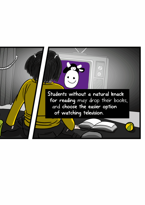 Students without a natural knack for reading may drop their books, and choose the easier option of watching television. Rear view cartoon of a young girl sitting close to a TV set playing kids shows.