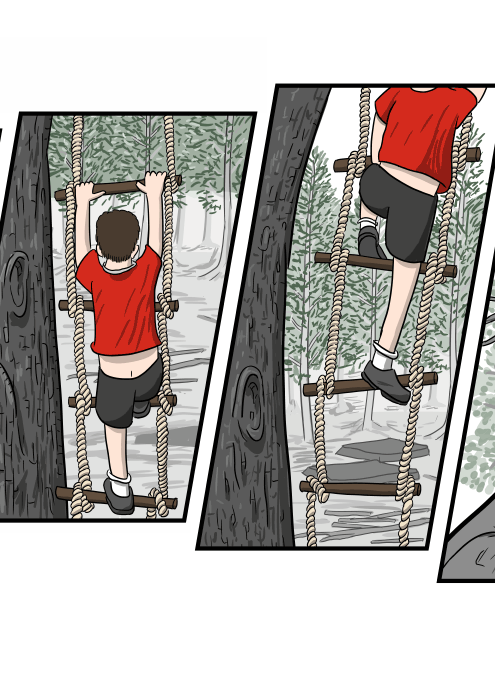 Rear view of a boy climbing up a rope ladder cartoon drawing.