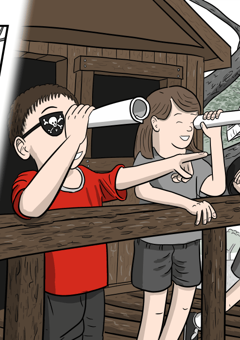 Cartoon of children looking over the side of a treehouse, playing 'pirates' with telescopes held to their eyes.