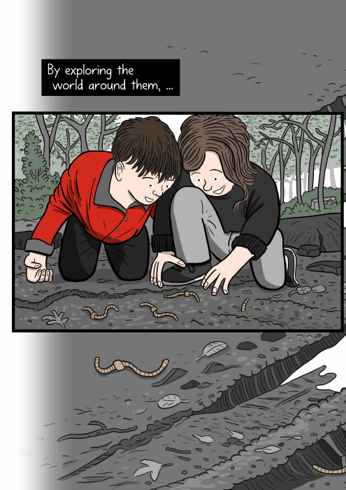 Cartoon of children crouched on the ground, looking at worms on the soil. By exploring the world around them, ...