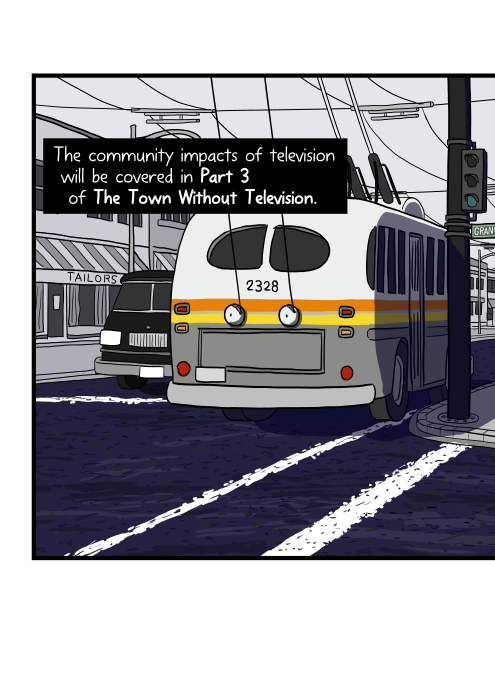 Rear view of old Vancouver trolleybus with overhead wires above the city street. The community impacts of television will be covered in Part 3 of The Town Without Television.