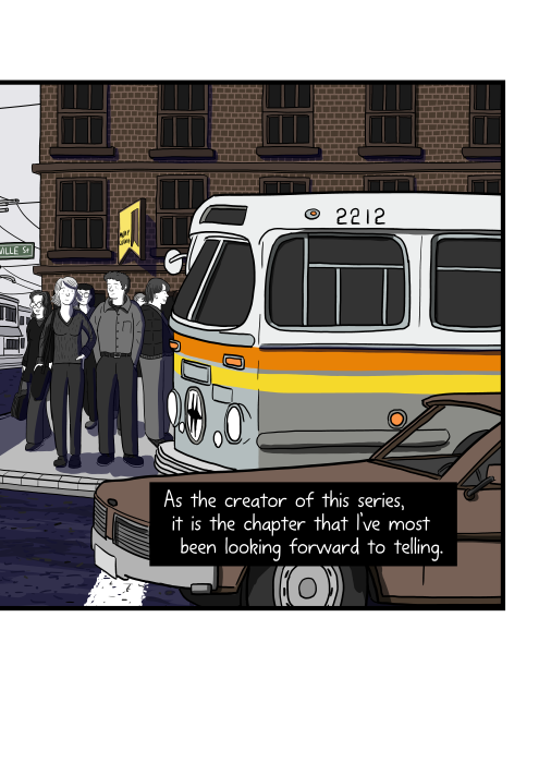 Side view drawing of bus and car stopped at traffic lights near pedestrians. As the creator of this series, it is the chapter that I’ve most been looking forward to telling.