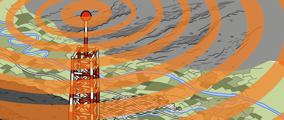 High angle view of broadcast tower cartoon, sending television signals into the air