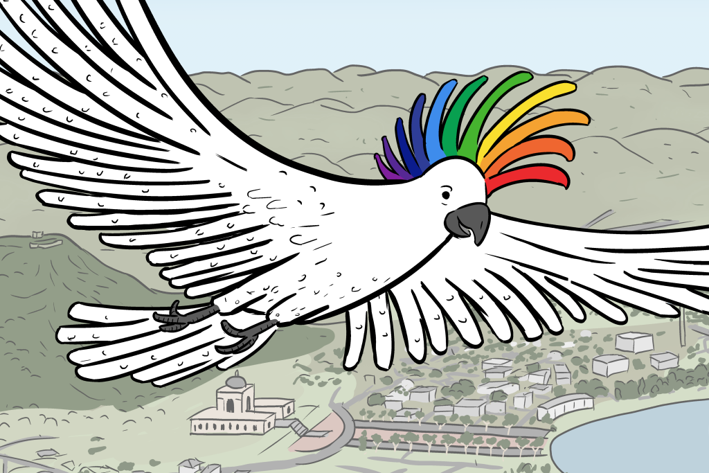 Close-up of cartoon rainbow-crested cockatoo