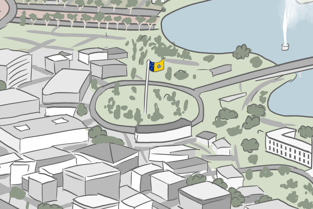 High angle cartoon view of ACT roundabout flagpole