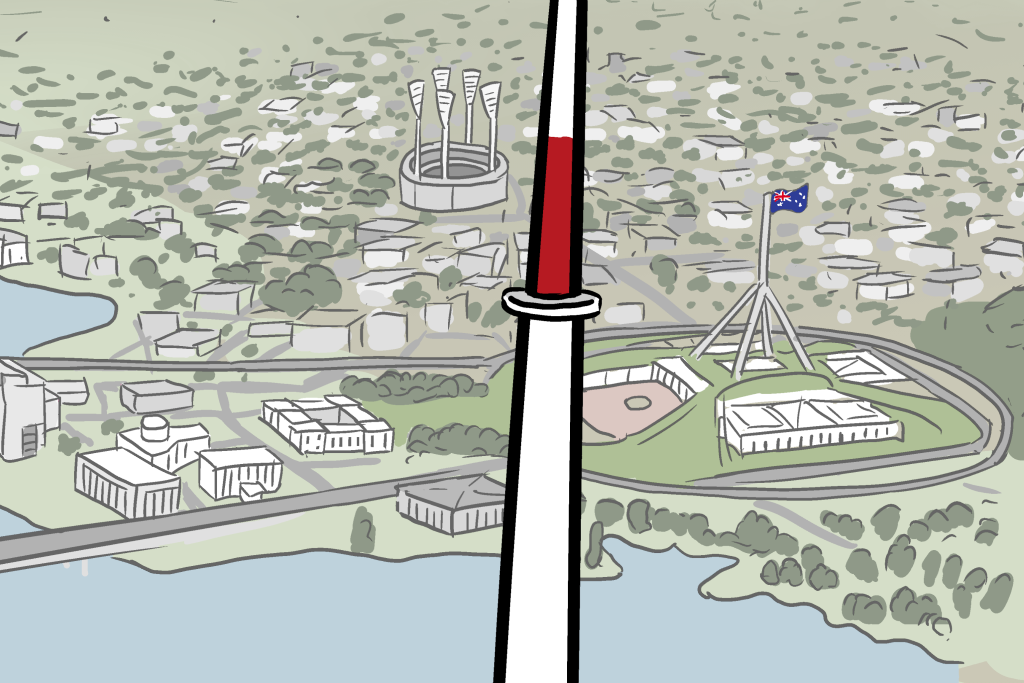 Cartoon view of Parliament House Canberra and Manuka Oval behind Black Mountain Tower, Canberra