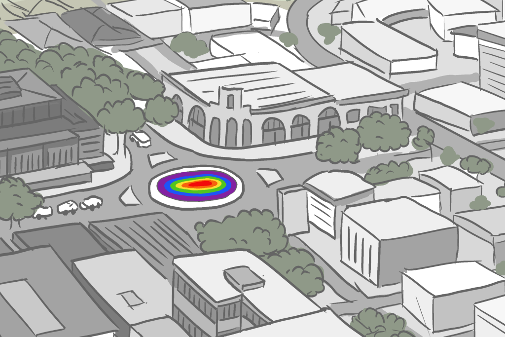 High-angle cartoon of rainbow roundabout in Braddon, Canberra