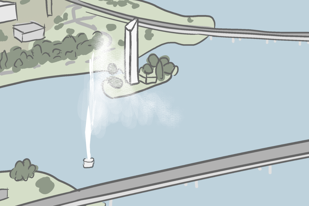 High angle cartoon of Lake Burley Griffin fountain