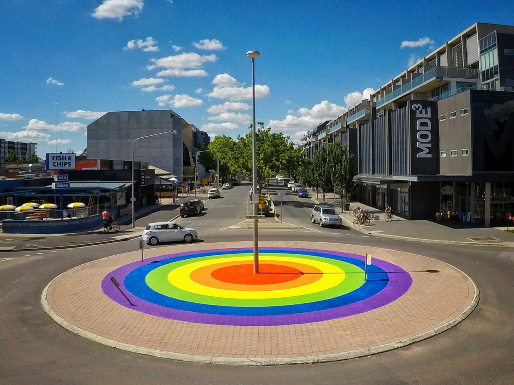 High view of the rainbow roundabout in Braddon, ACT