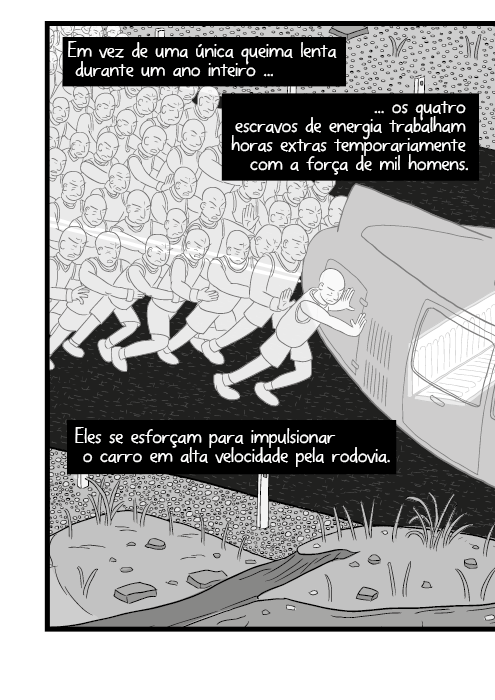 Em vez de uma única queima lenta durante um ano inteiro os quatro escravos de energia trabalham horas extras temporariamente com a força de mil homens. Eles se esforçam para impulsionar o carro em alta velocidade pela rodovia.