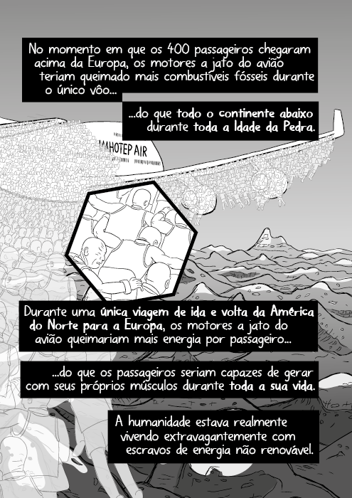 No momento em que os 400 passageiros chegaram acima da Europa, os motores a jato do avião teriam queimado mais combustíveis fósseis durante o único vôo do que todo o continente abaixo durante toda a Idade da Pedra. Durante uma única viagem de ida e volta da América do Norte para a Europa, os motores a jato do avião queimariam mais energia por passageiro do que os passageiros seriam capazes de gerar com seus próprios músculos durante toda a sua vida. A humanidade estava realmente vivendo extravagantemente com escravos de energia não renovável.