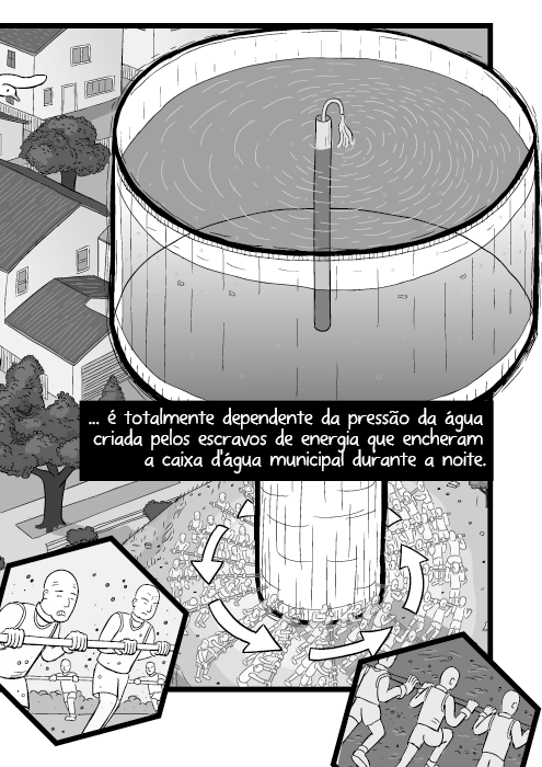 ... é totalmente dependente da pressão da água criada pelos escravos de energia que encheram a caixa d'água municipal durante a noite.