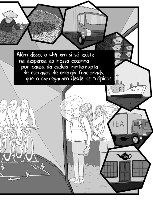 Além disso, o chá em si só existe na despensa da nossa cozinha por causa da cadeia ininterrupta de escravos de energia fracionada que o carregaram desde os trópicos.