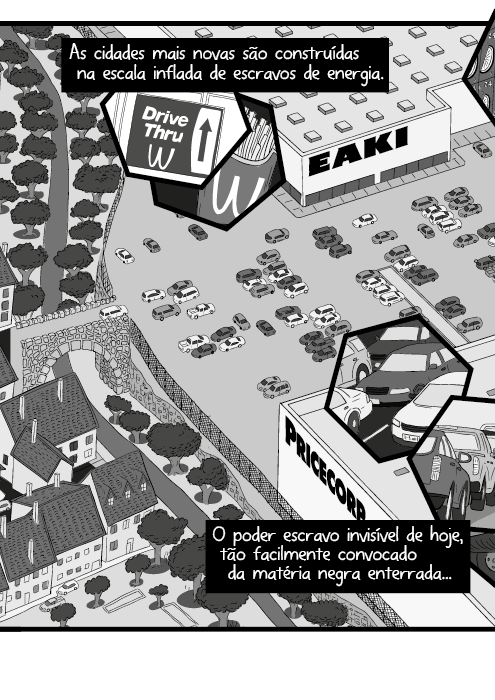 As cidades mais novas são construídas na escala inflada de escravos de energia. O poder escravo invisível de hoje, tão facilmente convocado da matéria negra enterrada...