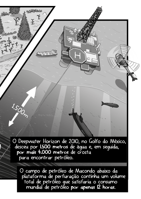 O Deepwater Horizon de 2010, no Golfo do México, desceu por 1.500 metros de água e, em seguida, por mais 4.000 metros de crosta para encontrar petróleo. O campo de petróleo de Macondo abaixo da plataforma de perfuração continha um volume total de petróleo que satisfaria o consumo mundial de petróleo por apenas 12 horas.