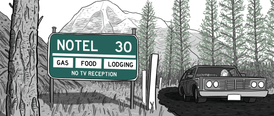 Drawing of car driving on winding mountain road near road sign saying Notel