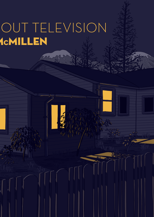 Drawing of house at night, with yellow light shining through windows. Parody of cover of 