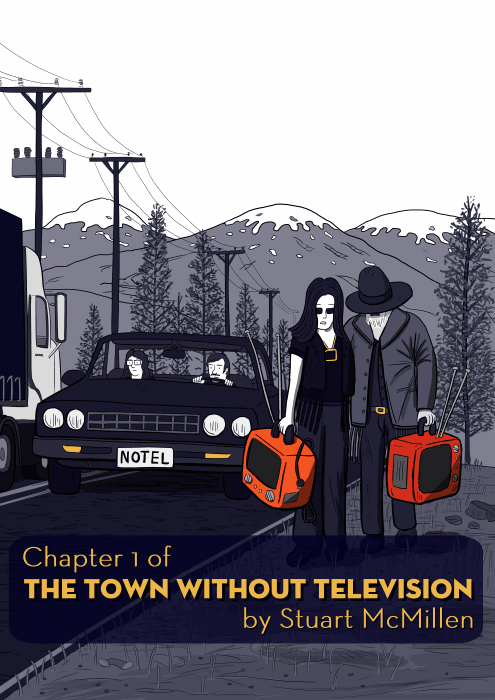 Chapter 1 of The Town Without Television by Stuart McMillen. Two hitchikers walking along the side of a road carrying TVs: parody of Exit Planet Dust by The Chemical Brothers.