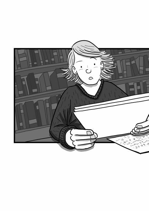 Drawing of a woman reading a letter with surprised expression on her face, the artwork tilted on a Dutch angle. Low angle view of character holding a sheet of paper with both hands.