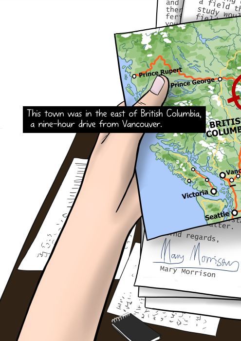 POV illustration of a person's hands holding a map in front of them. This town was in the east of British Columbia, a nine-hour drive from Vancouver.