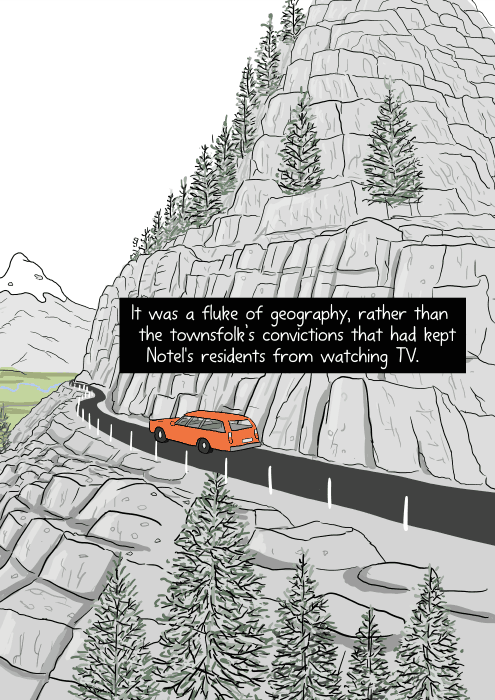 Car driving along cliffside of winding mountain road cartoon. It was a fluke of geography, rather than the townsfolk’s convictions that had kept Notel’s residents from watching TV.