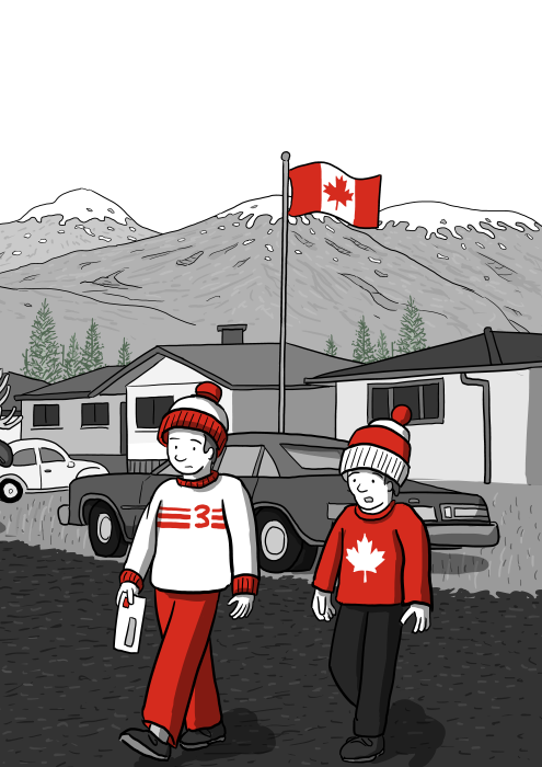 Cartoon drawing of two boys crossing the street in a small town, wearing beanies and winter clothes. Cartoon illustration of typical Canadian winter with tuques and maple leaf sweaters.