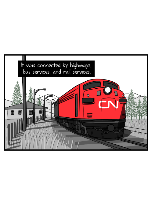 It was connected by highways, bus services, and rail services. Drawing of CN rail train, diesel in small mountain town.
