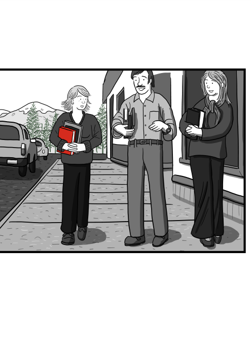 Three people walking along street abreast towards the viewer. Cartoon characters chatting while carrying books and walking.