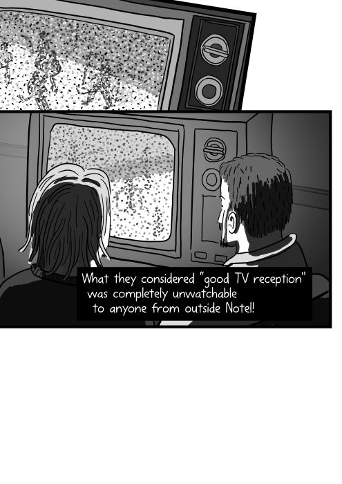 What they considered “good TV reception” was completely unwatchable to anyone from outside Notel! Rear view of people watching an old TV set, viewed over their shoulders.