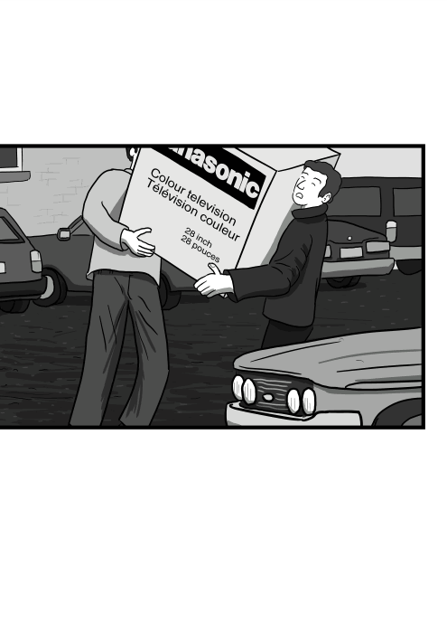 Drawing of two men carrying a heavy box together, box with a bulky old television set inside.