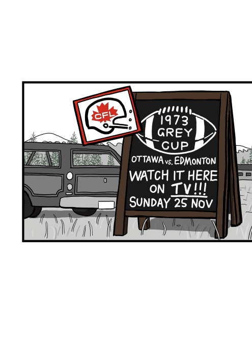 Cartoon sign of roadside sign advertising 1973 Grey Cup from CFL Canadian Football League. Ottawa vs Edmonton.