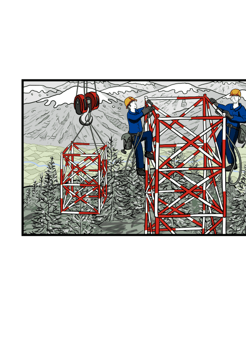 High angle workers climbing mast antenna wearing overalls and hard hats.