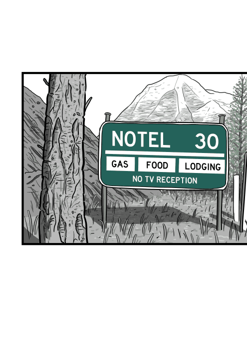 Roadside sign for Notel, Canada: the town without television in British Columbia from 1970s. 70s road sign of Rocky Mountains forest next to highway.