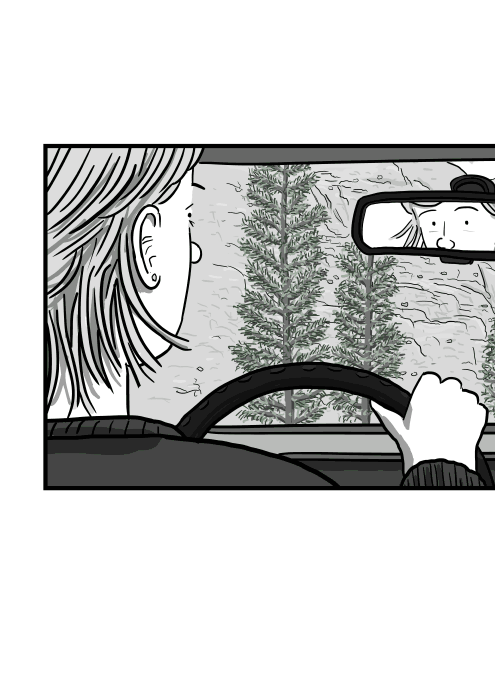 Rear view of cartoon woman driving a car viewed behind ear, over shoulder looking into center rearview mirror.