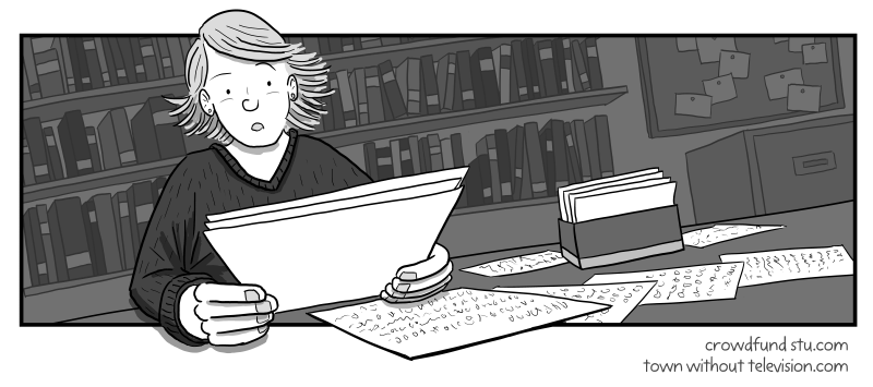 Cartoon drawing of a young woman reading a paper letter with surprise and attention. Black and white illustration of a professional woman in an office with bookshelves in background.