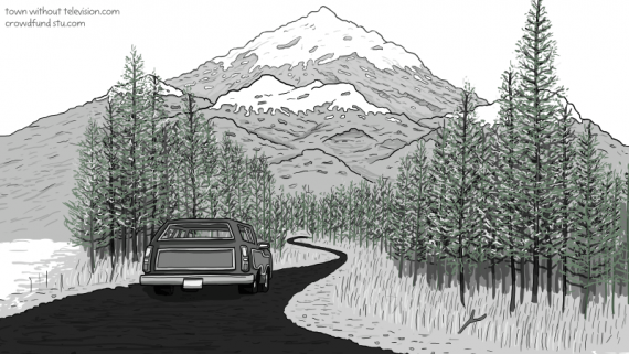 Drawing of a station wagon driving away down a winding mountain road through a forest.