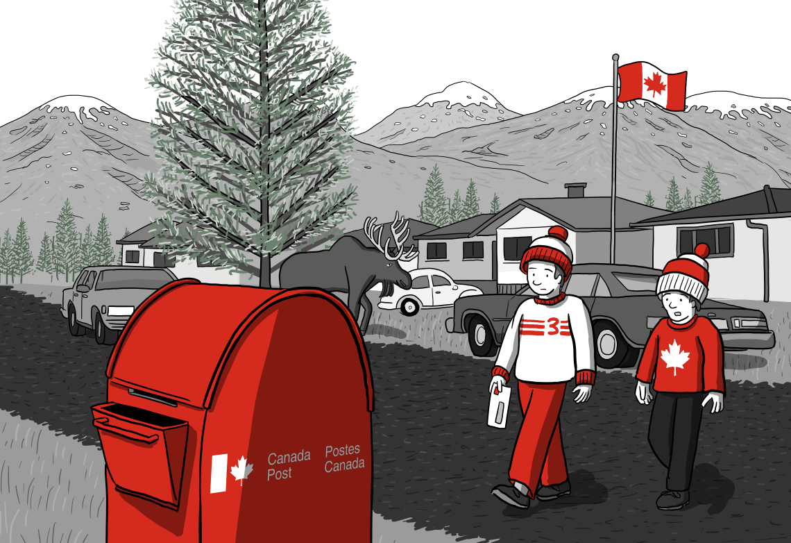 Cartoon drawing of boys in a small Canadian town, walking across the street near a mailbox Canada Post