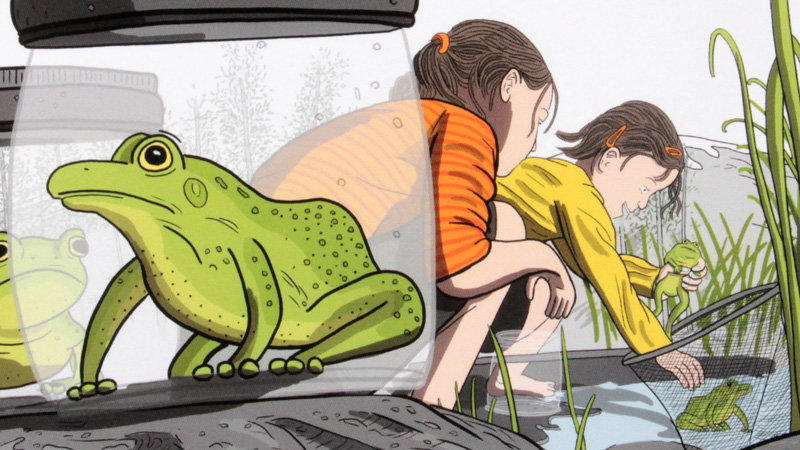 Stuart McMillen - girls collecting frogs illustration detail