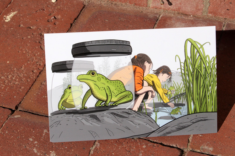 Stuart McMillen - girls collecting frogs card on bricks