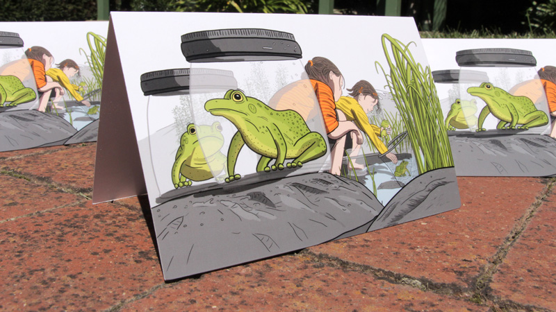 Girls collecting frogs greeting card product photo