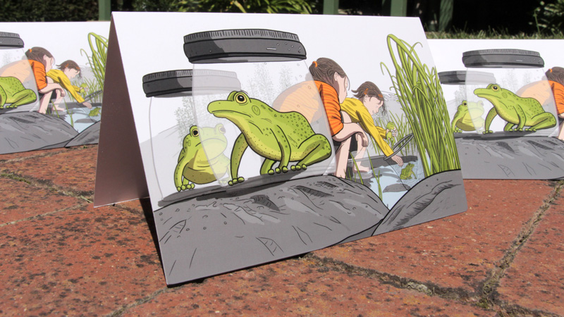 Girls collecting frogs greeting card product photo