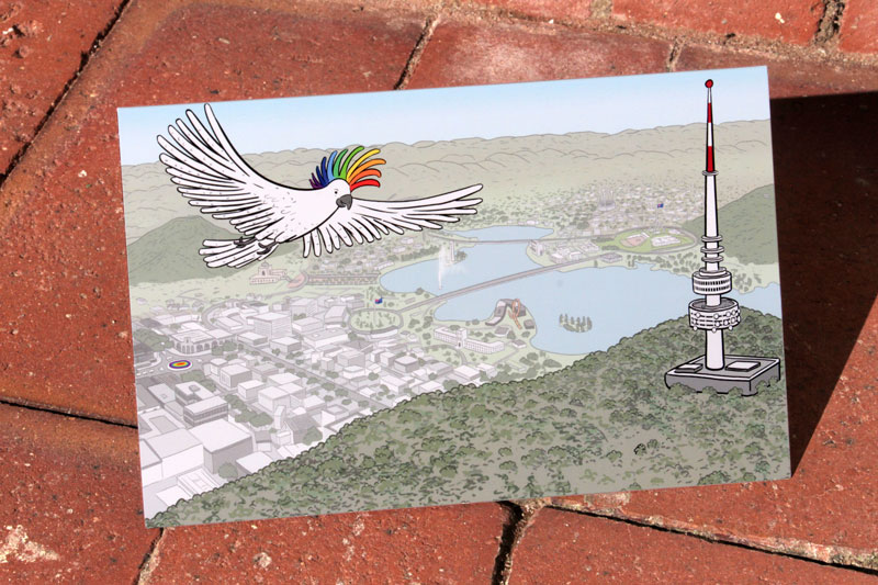 Stuart McMillen - rainbow-crested cockatoo card on bricks