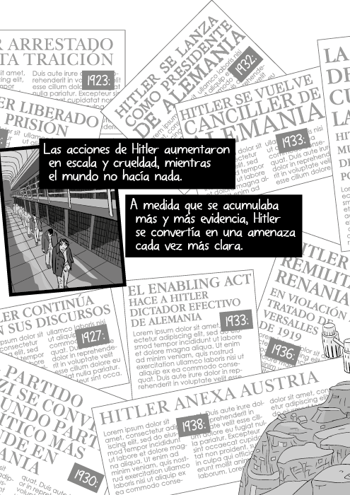 Las acciones de Hitler aumentaron en escala y crueldad, mientras el mundo no hacía nada. A medida que se acumulaba más y más evidencia, Hitler se convertía en una amenaza cada vez más clara.