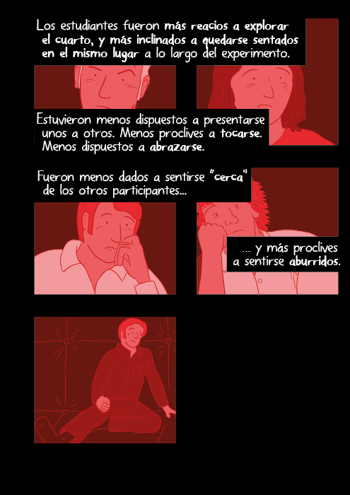 Esta fue una pequeña pero importante diferencia entre la primera y la segunda repetición. El giro afectó notablemente la conducta de los compañeros de cuarto. Los participantes en estas tres sesiones de cuarto oscuro se cerraron a sí mismos en formas que recordaban la conducta de los participantes del cuarto iluminado.