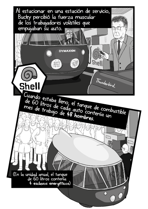 Al estacionar en una estación de servicio, Bucky percibió la fuerza muscular de los trabajadores volátiles que empujaban su auto. Cuando estaba lleno, el tanque de combustible de 60 litros de cada auto contenía un mes de trabajo de 48 hombres. (En la unidad anual, el tanque de 60 litros contenía 4 esclavos energéticos)