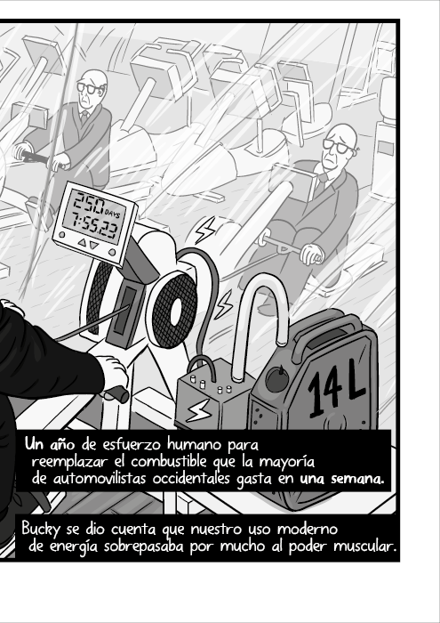 Un año de esfuerzo humano para reemplazar el combustible que la mayoría de automovilistas occidentales gasta en una semana. Bucky se dio cuenta que nuestro uso moderno de energía sobrepasaba por mucho al poder muscular.