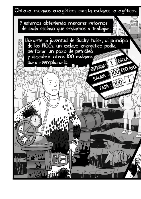 Obtener esclavos energéticos cuesta esclavos energéticos. Y estamos obteniendo menores retornos de cada esclavo que enviamos a trabajar. Durante la juventud de Bucky Fuller, al principio de los 1900s, un esclavo energético podía perforar un pozo de petróleo y descubrir otros 100 esclavos para reemplazarlo.