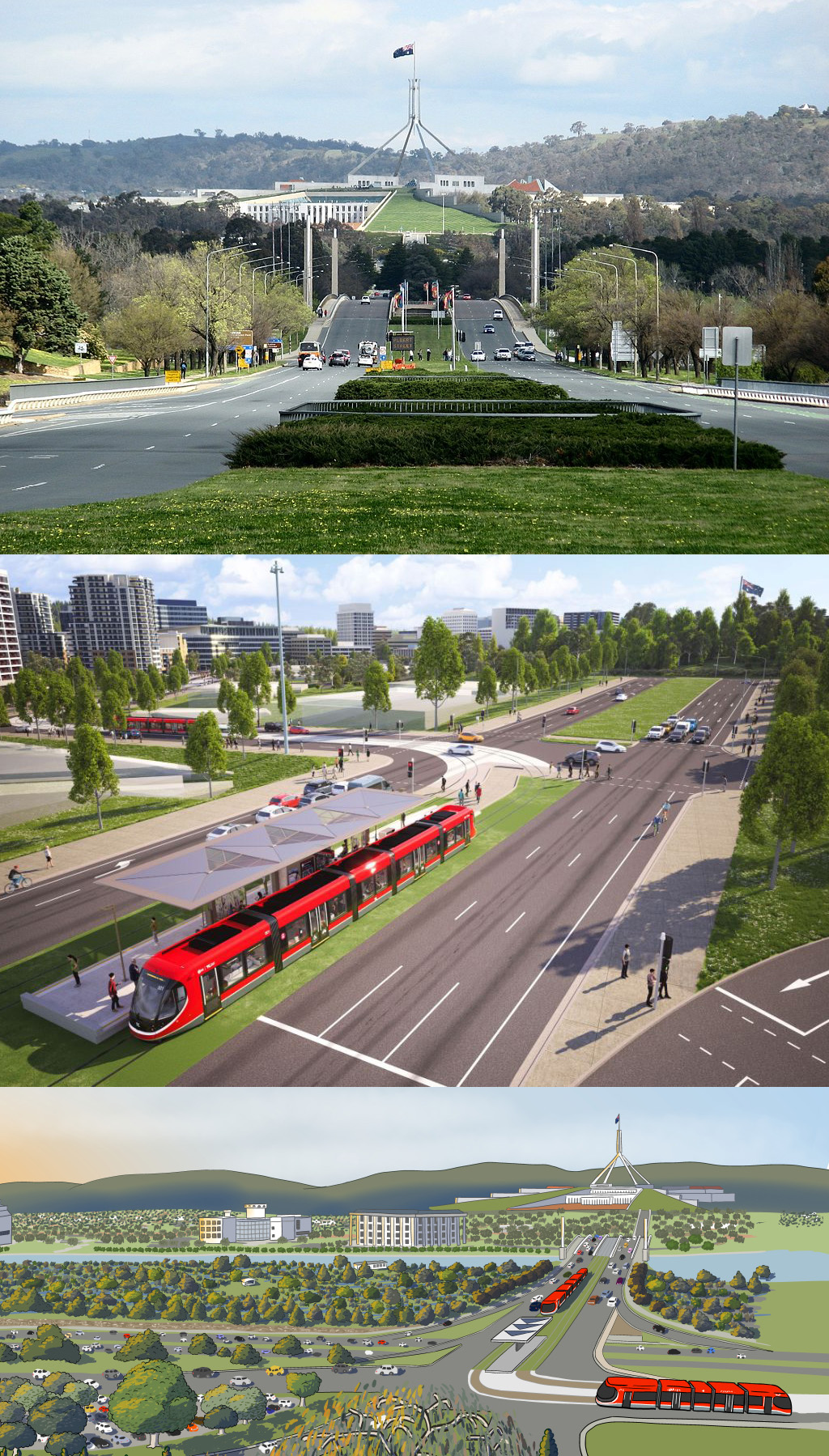 Imagining how the light rail track will look over Commonwealth Avenue Bridge in Canberra